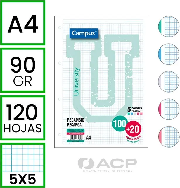 RECAMBIO A4 CAMPUS 100+20H 5X5 5 COL.BANDA PASTEL