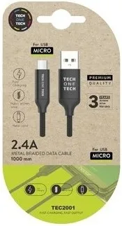 Cable negro Braided Nylon (USB-A a Micro USB), TECH ONE TECH alto rendimiento 1M 2A