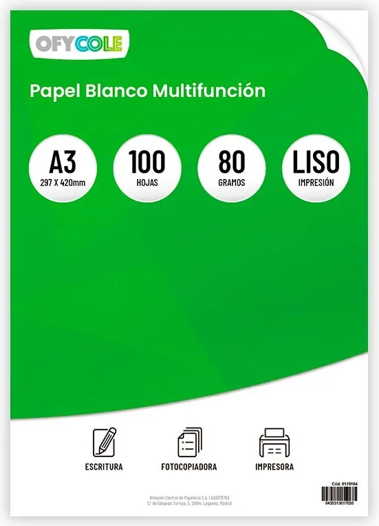 PAPEL A3 OFYCOLE 80GR FOTOCOPIADORA 100 HOJAS