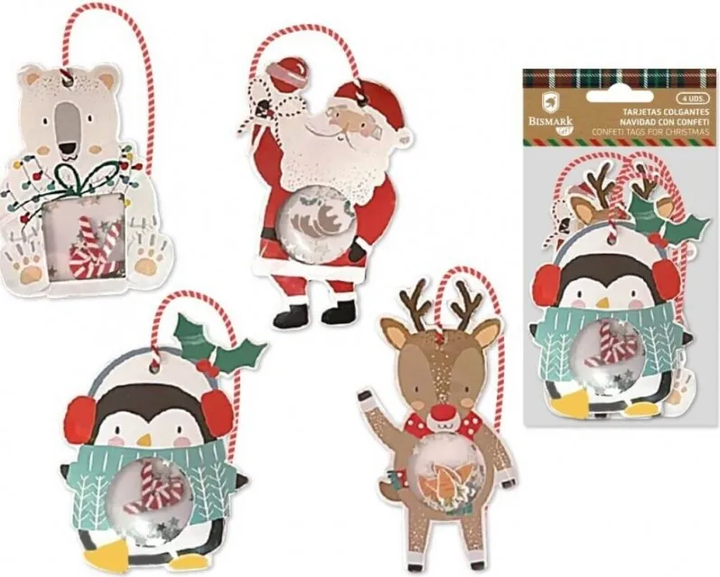 SET 4 TARJETAS COLGANTES ADORNOS NAVIDAD CONFETI