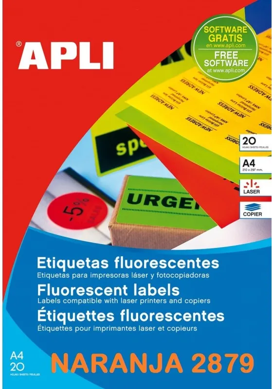 ETIQUETA APLI A4 NARANJA FLUOR 210x297