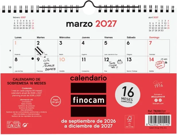 CALENDARIO FINOCAM 16M PARED NEUTRO S 26-27