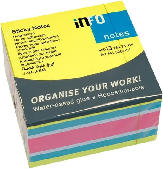 NOTAS ADHESIVAS CUBO 75X75 COLORES