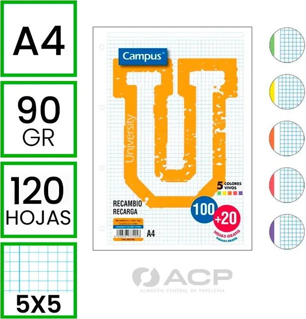 RECAMBIO CAMPUS A4 100H+20H 5X5 90GR COLORES