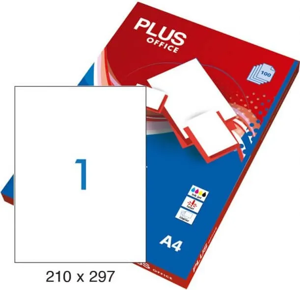 Etiquetas Autoadhesivas Plus Office 210mmx297mm Cantos Rectos 1xhoja 100 Hojas