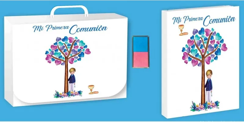 LIBRO COMUNION HUELLAS NIÑO+MALETIN