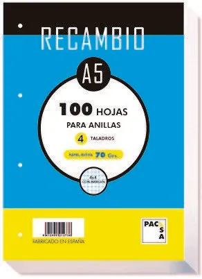 RECAMBIO PACSA A5 100H 4 TALADROS CUADRO 4X4 70GR