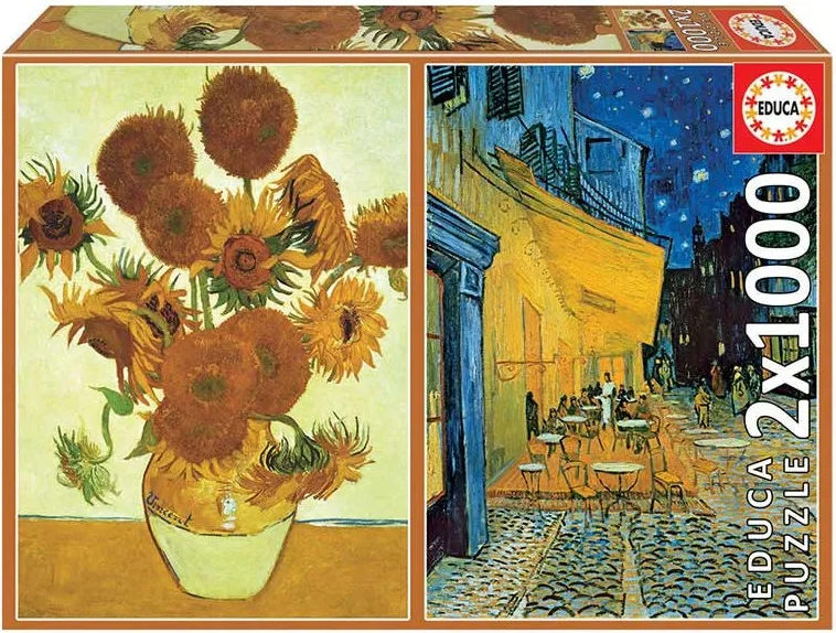 PUZZLE 2X1000 LOS GIRASOLES + TERRAZA DE CAFÉ POR LA NOCHE, V. VAN GOGH