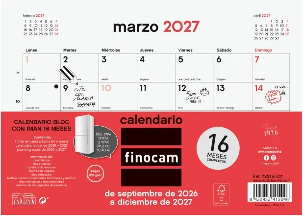 CALENDARIO BLOC NEUTRO CON IMÁN 16 MESES 26-27