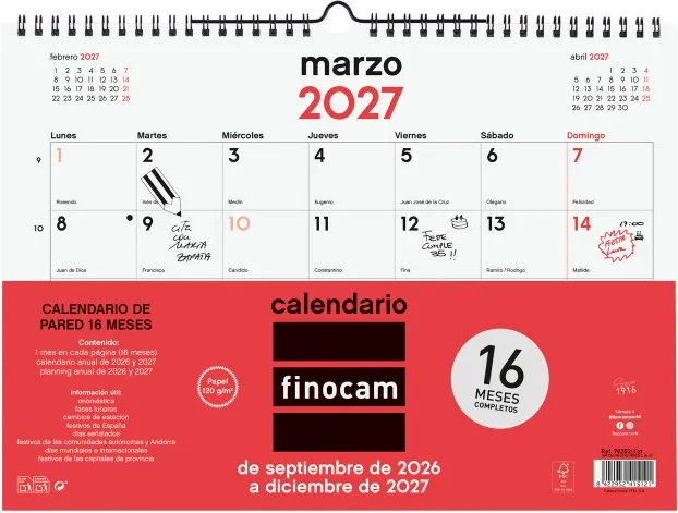 CALENDARIO FINOCAM 16M NEUTRO PARED L 26-27