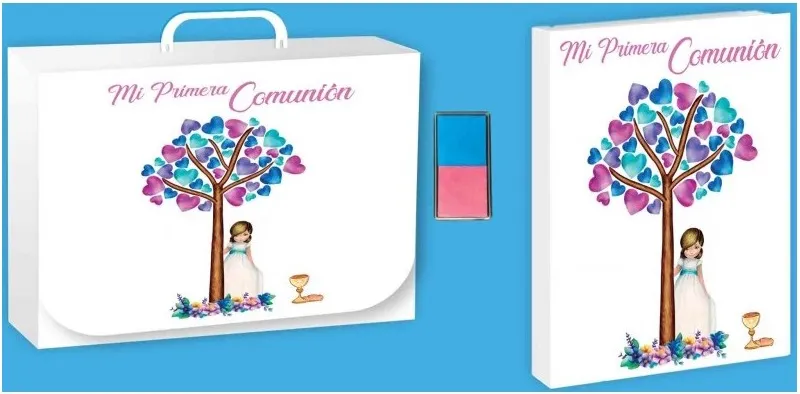 LIBRO COMUNION HUELLAS NIÑA+MALETIN