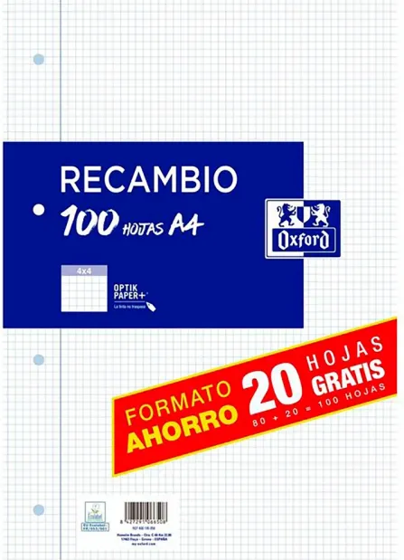 RECAMBIO A4 OXFORD 80+20H 4 TALADROS 4X4 90GR