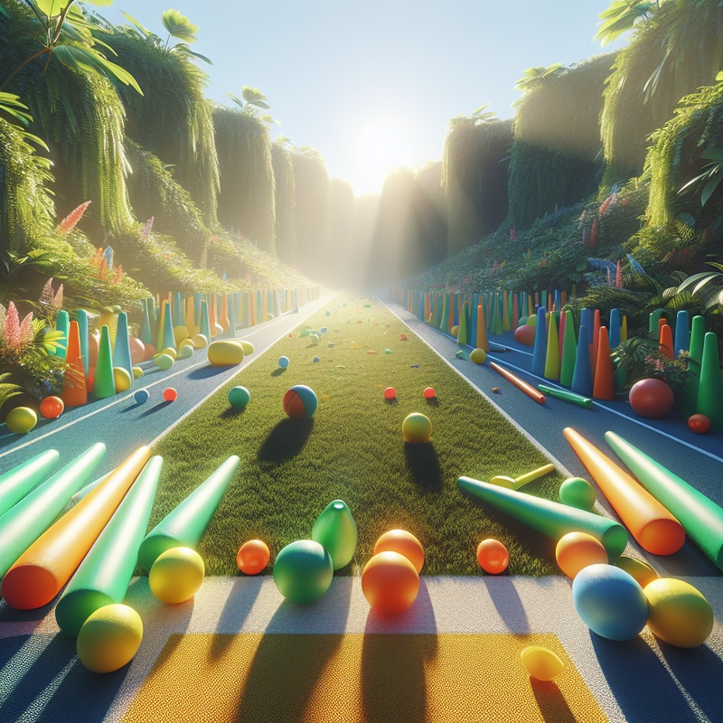 A sunny track field with colorful sports equipment and greenery.