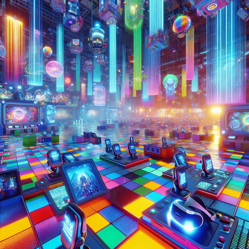 A digital playground with VR headsets and holographic displays.