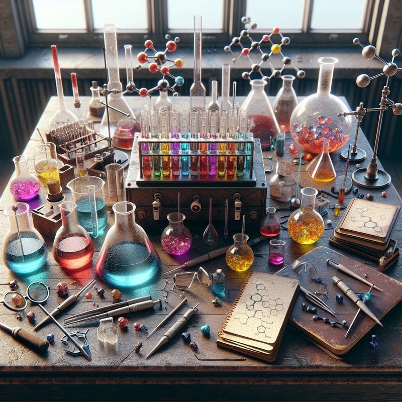 Colorful DIY science kit with chemistry tools on a table.