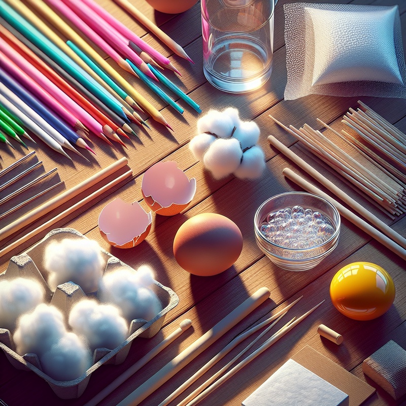 Materials for an egg drop experiment on a table.