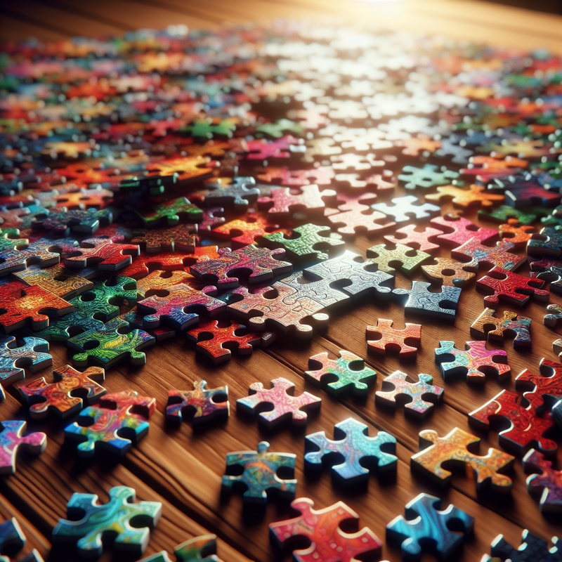 Colorful jigsaw puzzle pieces on a wooden table in sunlight.