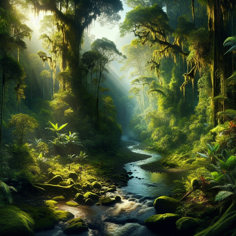 A vibrant rainforest scene with diverse plants and animals by a river.