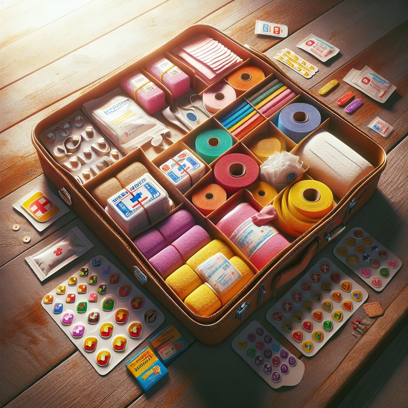 A first aid kit with colorful supplies on a wooden table.