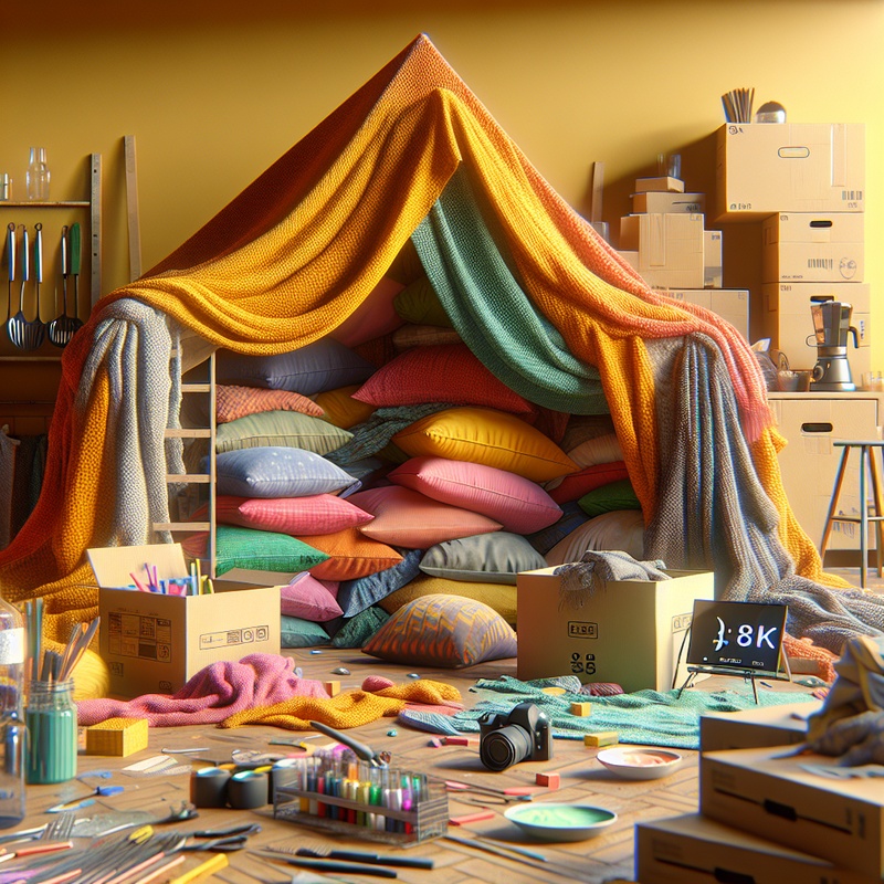 A cozy blanket fort with pillows, cardboard boxes, and kitchen utensils in warm lighting.