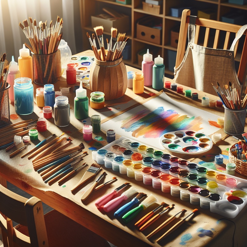 A colorful children's painting area with paints, brushes, paper, and aprons on a table.