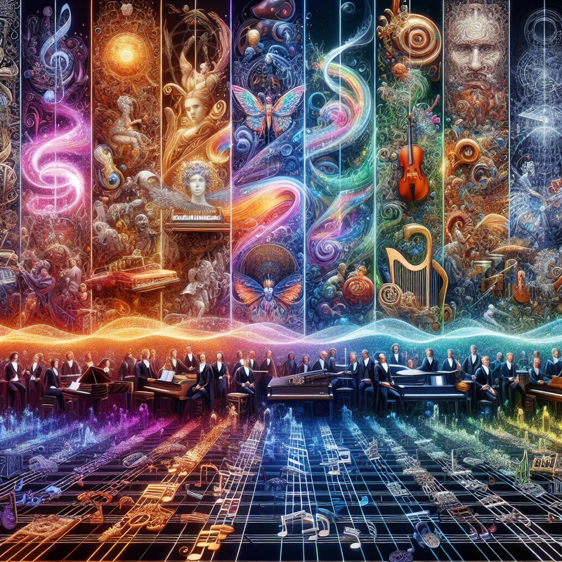 Colorful timeline of music history with instruments and composers.