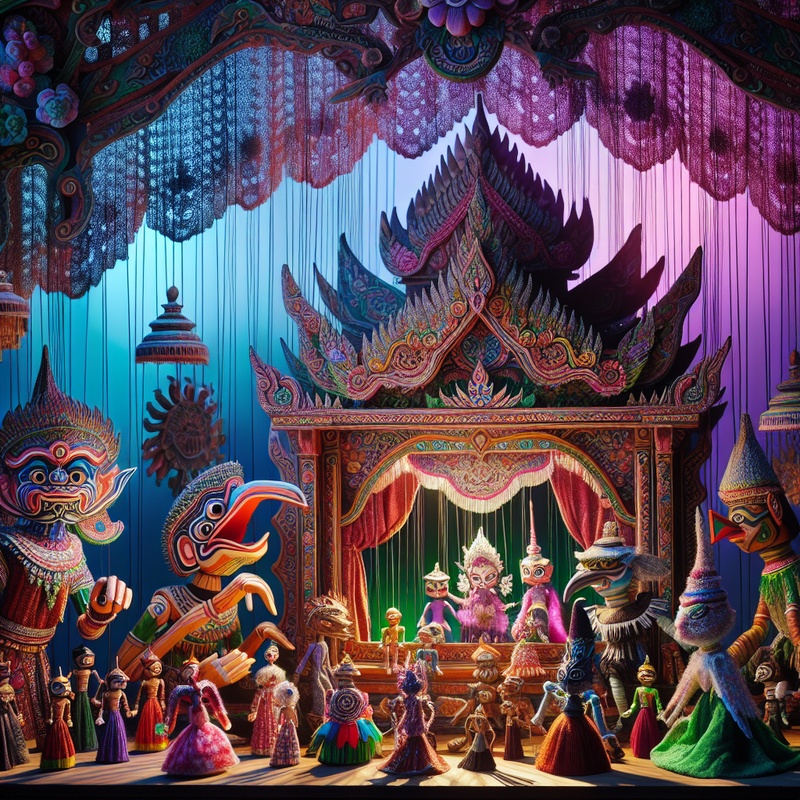 Colorful puppet theater with various puppets and a whimsical backdrop.
