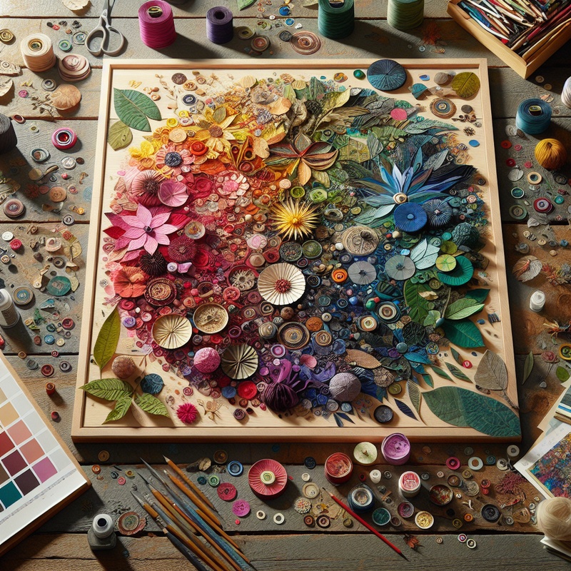 Collage of colorful materials on a table with art supplies.