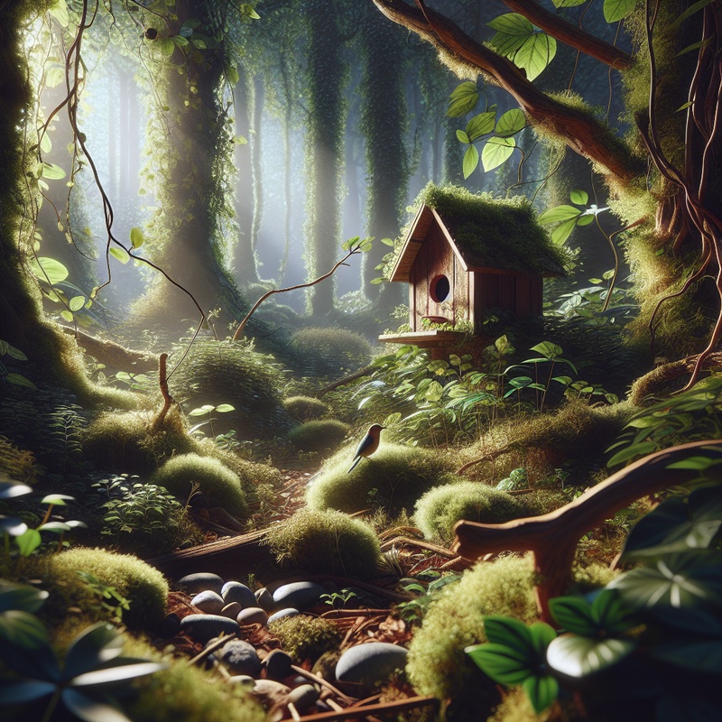 A forest with a birdhouse and natural art materials.