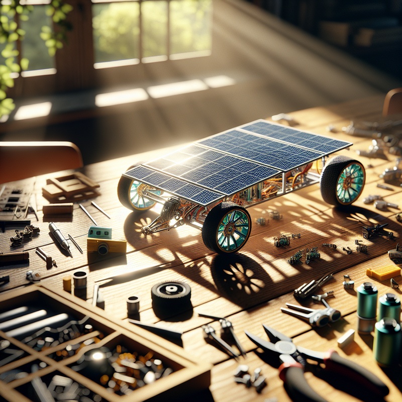 Miniature solar car with solar panel and wheels on a table, sunlight illuminating it.
