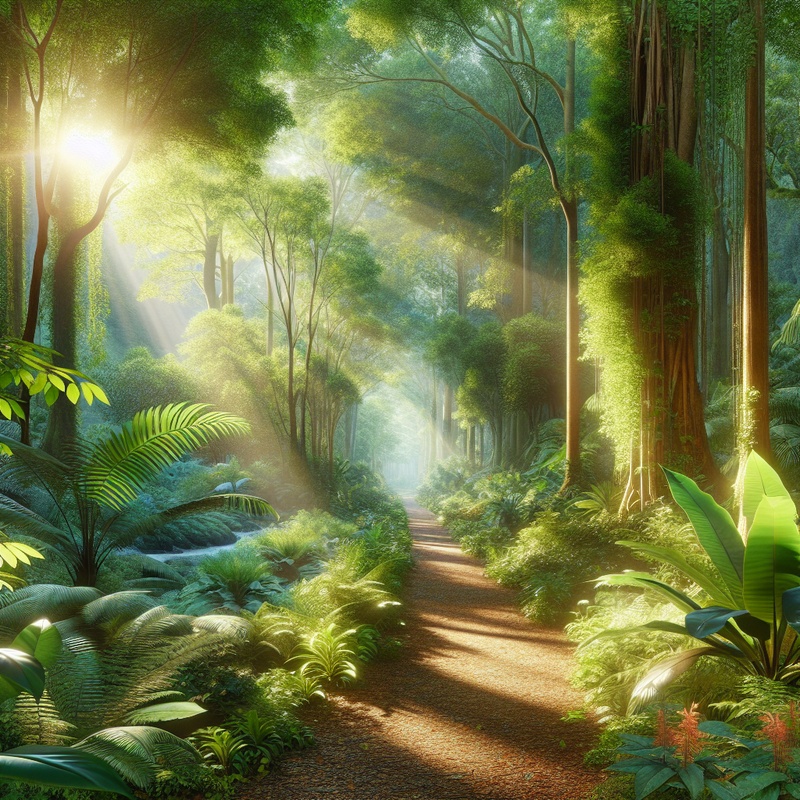 A forest trail with sunlight filtering through trees and diverse plants.