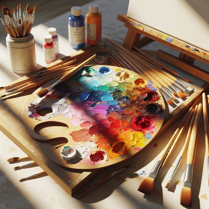 A colorful art setup with paints, brushes, and a canvas in a bright room.