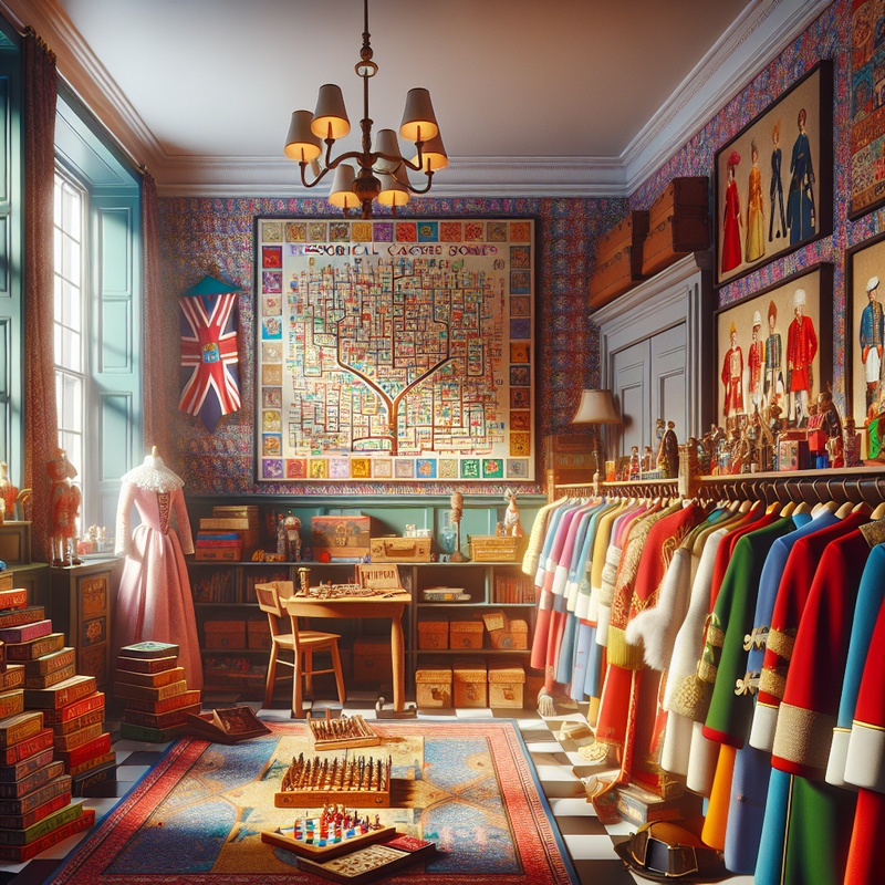A playroom with historical costumes, board games, and a family tree poster.