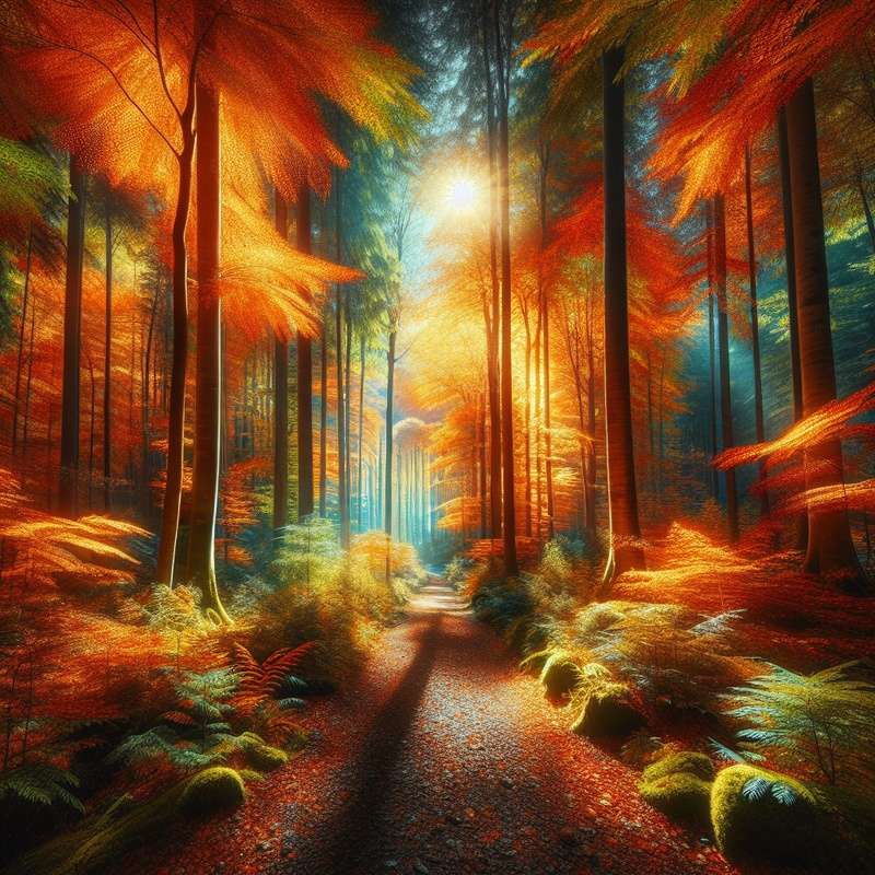 A forest trail with colorful autumn leaves and sunlight streaming through the trees.