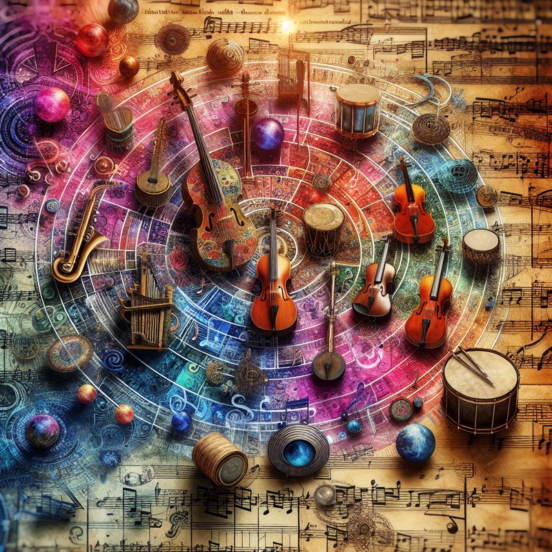 Collage of historical musical instruments and music sheets.