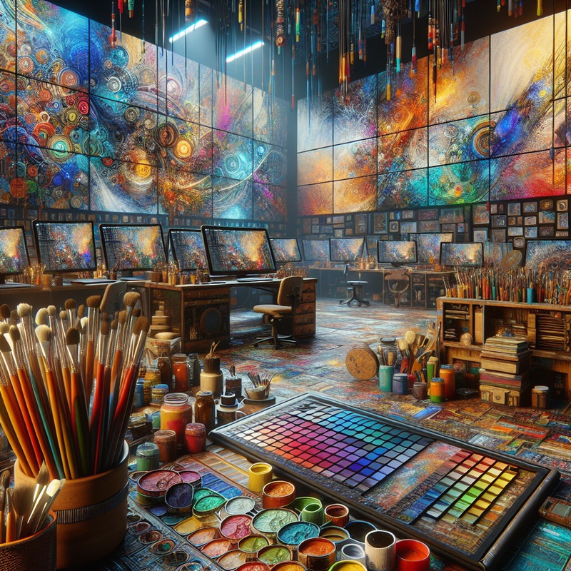 Digital art studio with colorful tools and screens showing patterns.