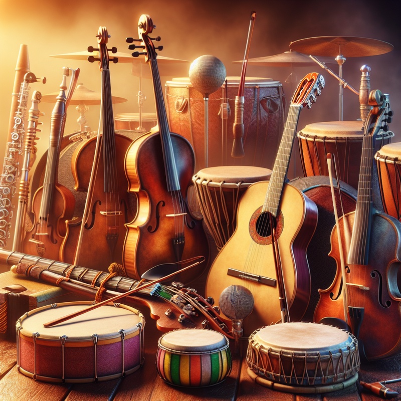 Various musical instruments like violins, guitars, flutes, and drums in a warm setting.