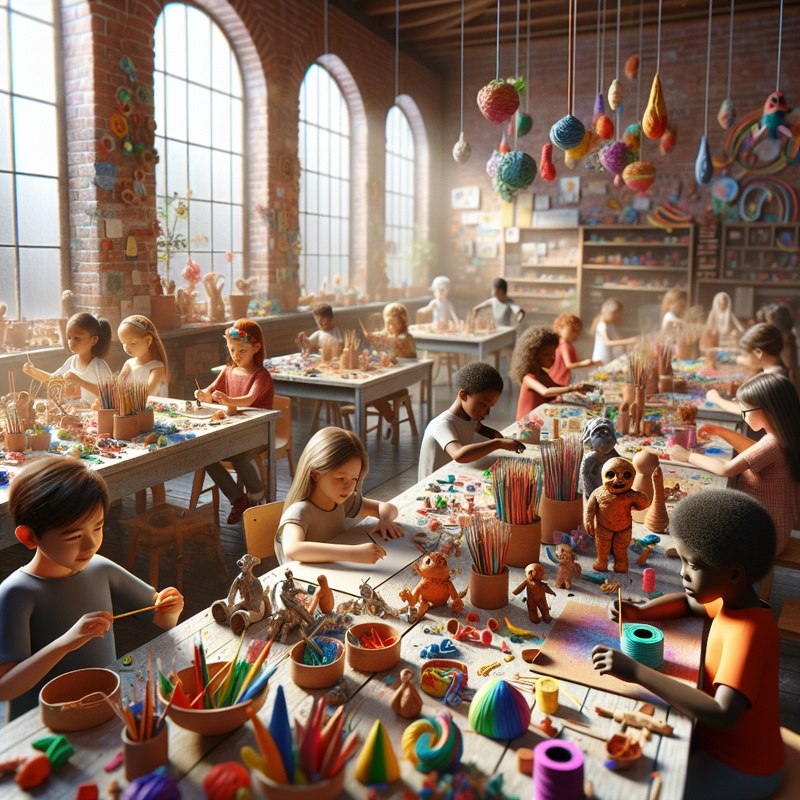 A child's art studio with various colorful sculptures on tables.