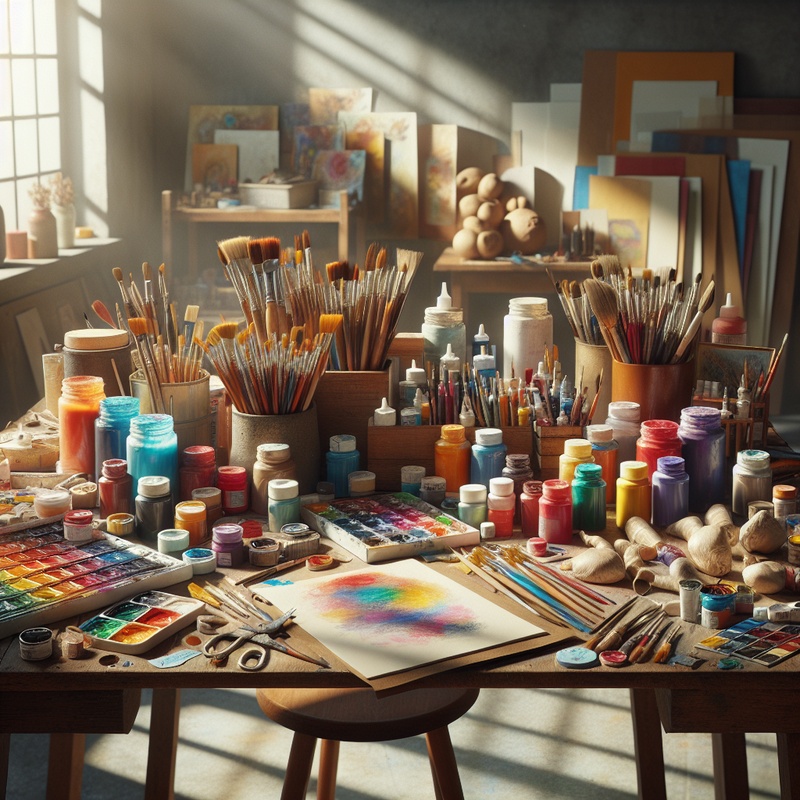 A well-organized art workspace with various colorful art supplies on a table.