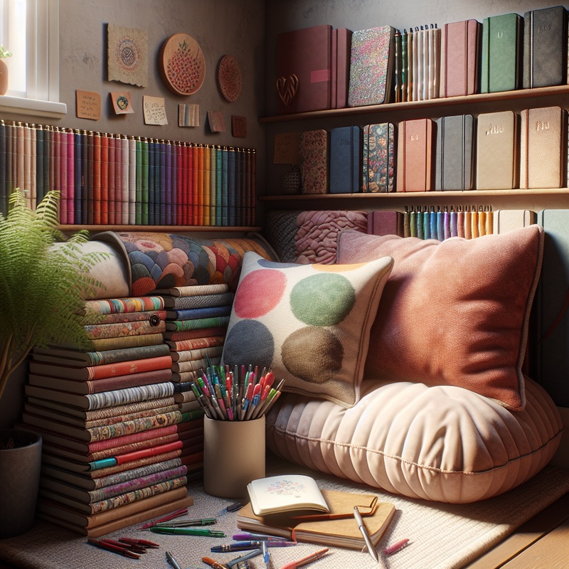 A cozy journaling space with colorful notebooks, pens, cushions, and a plant.