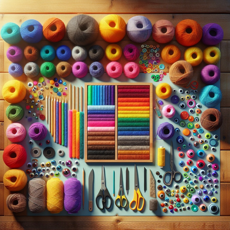 A craft workspace with colorful materials like felt, yarn, and googly eyes on a table.