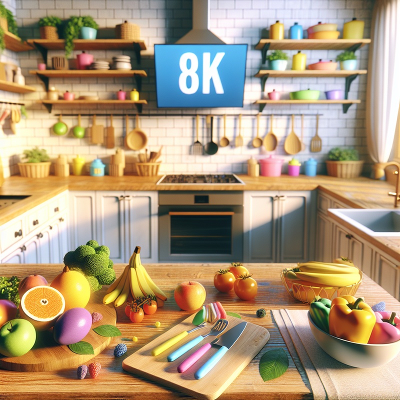 A bright kitchen with child-sized utensils and fresh produce on a countertop.