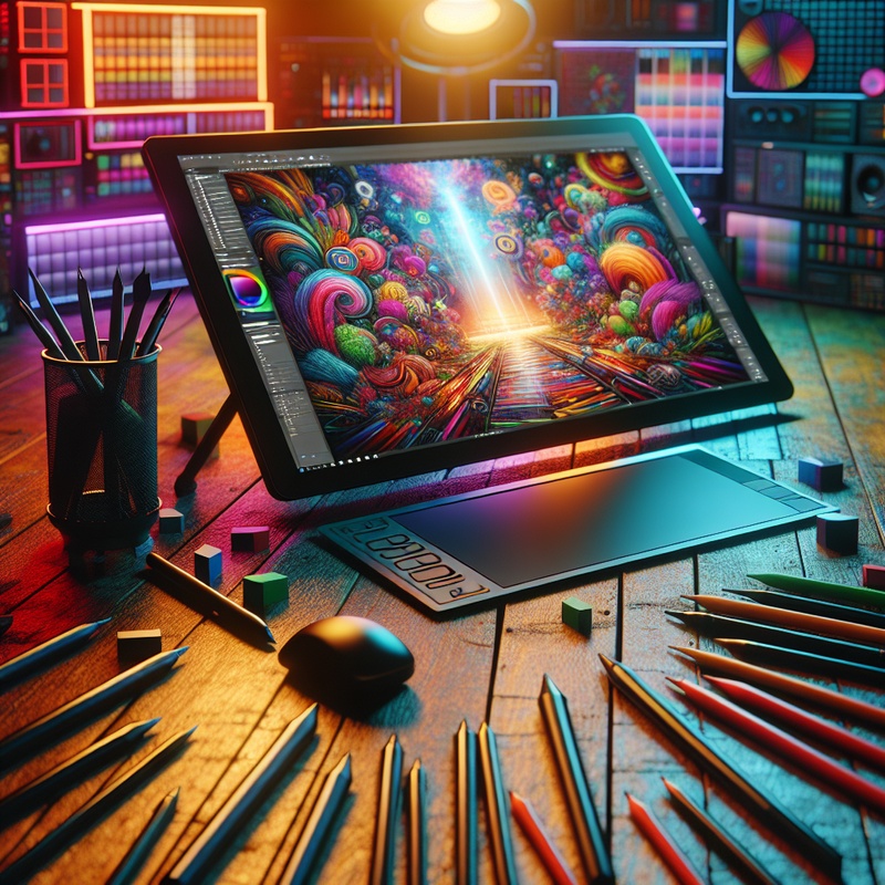 A digital art setup with a tablet, stylus, and computer screen showing a child's artwork.