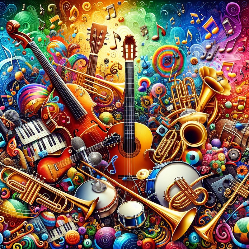 Collage of musical instruments and notes on a colorful background.