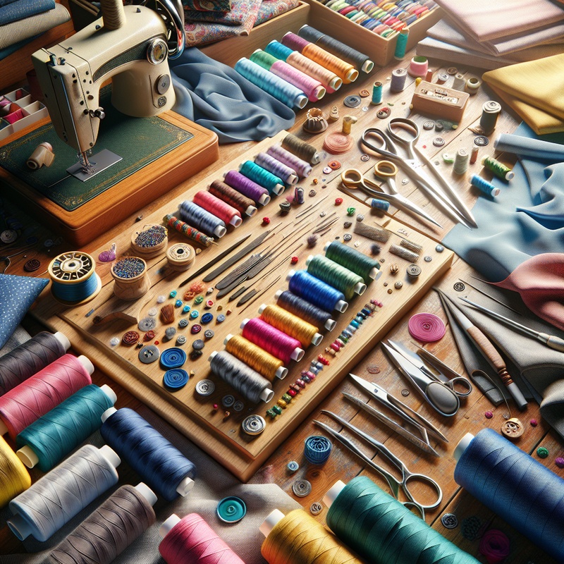 A sewing workspace with colorful fabrics and tools.