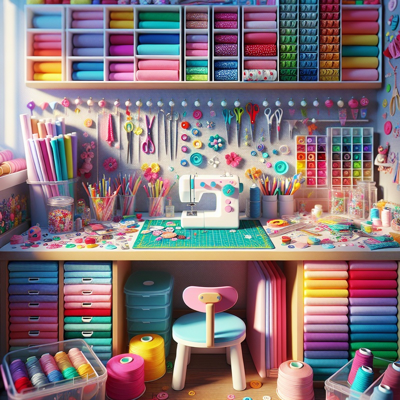 A sewing workspace with colorful fabrics and child-safe tools.