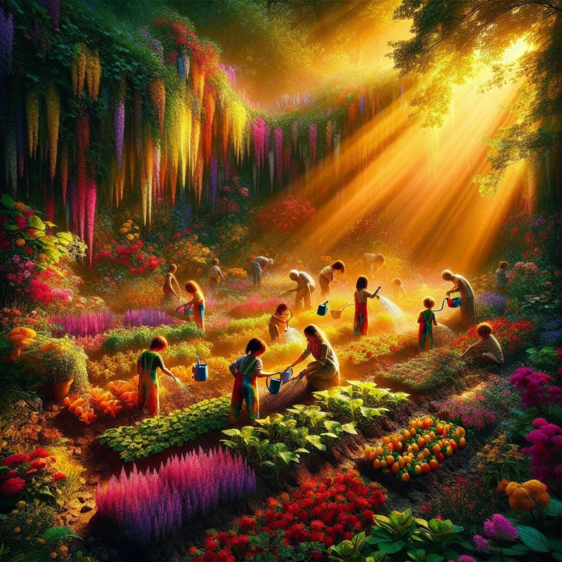 Children working together in a colorful community garden.