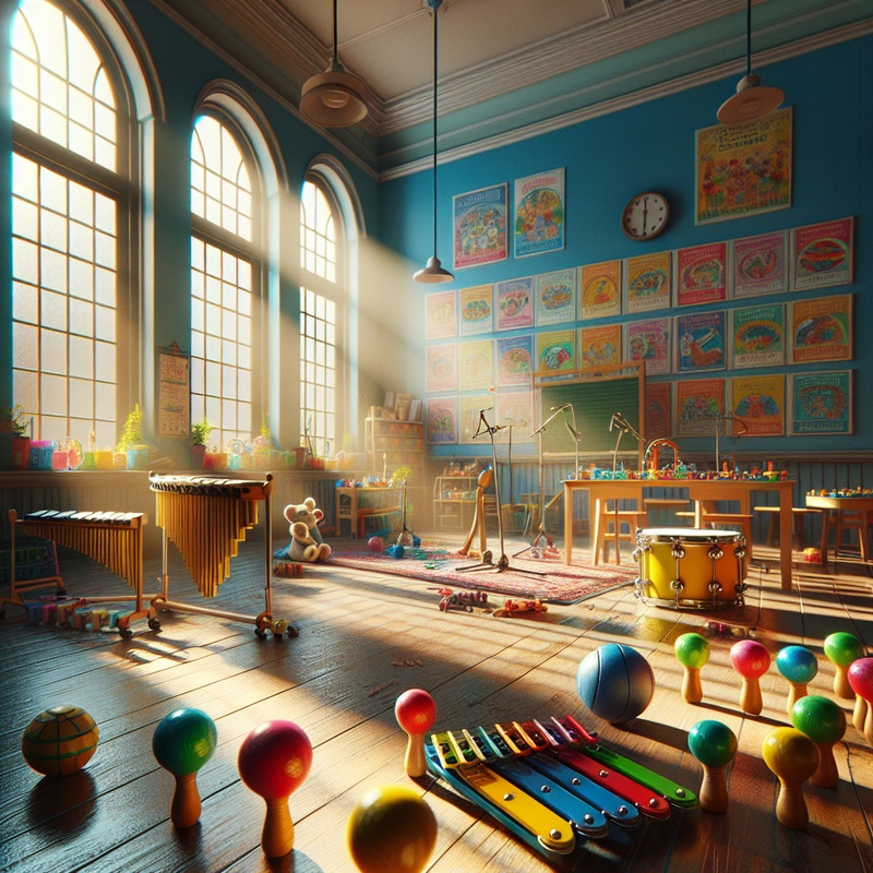 Classroom with musical instruments and educational posters.