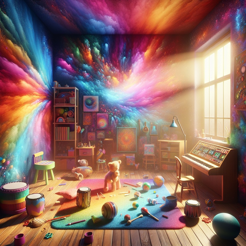 A playroom with various musical instruments and bright natural lighting.