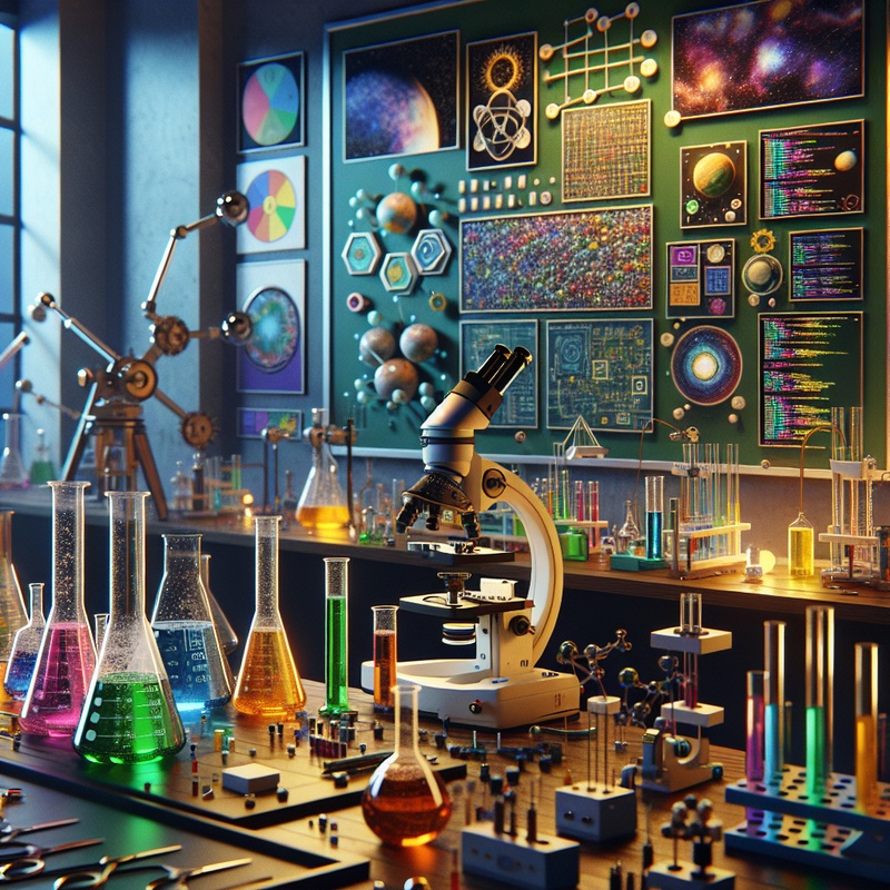 A colorful STEM workshop with science experiments and coding screens.